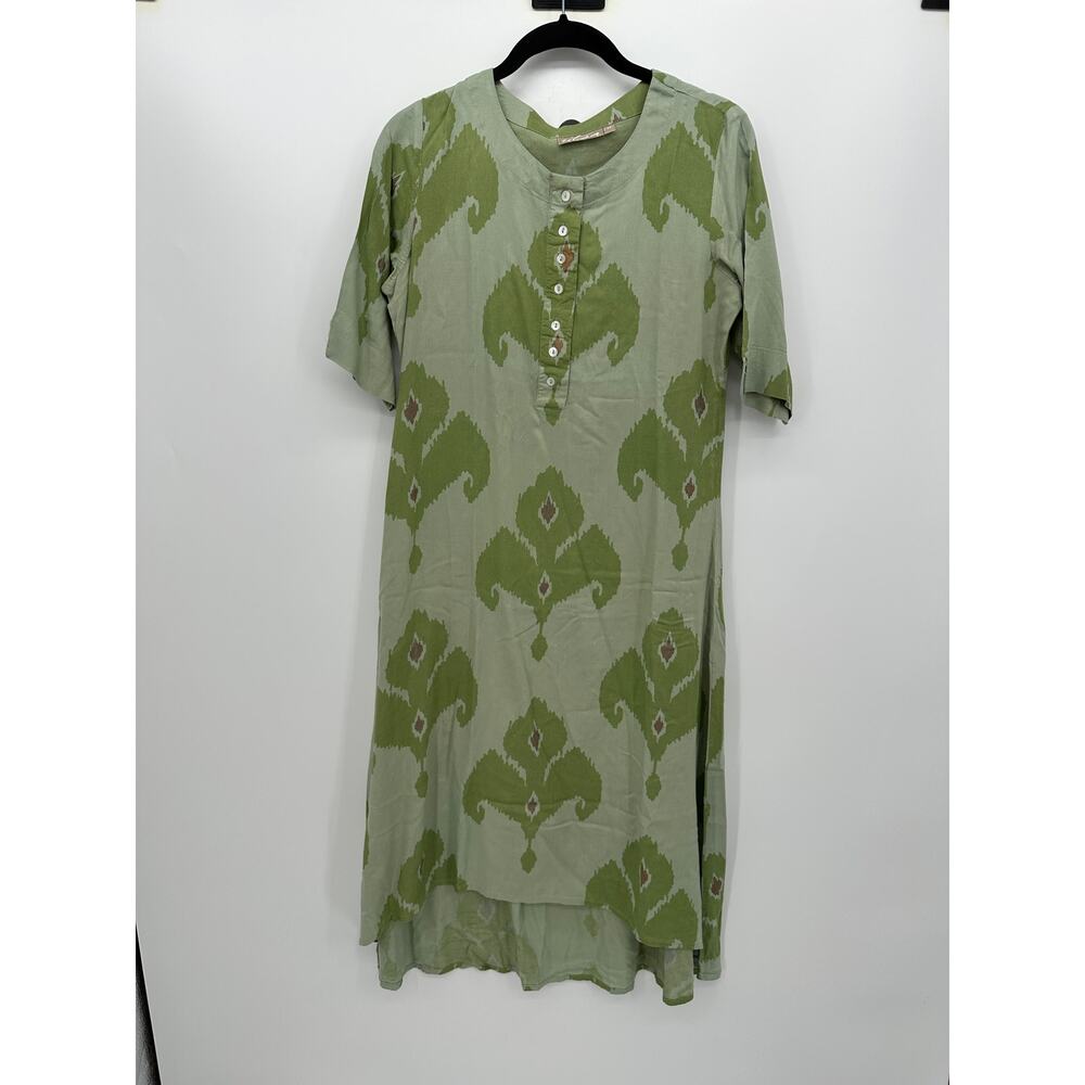 Utsa Green Printed Viscose Midi Dress Boho Indian‎ Ethnic Short Sleeve Sz M